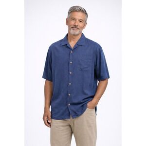 Tommy Bahama 100% Silk Camp Shirt Men's Medium Navy Blue Short Sleeve